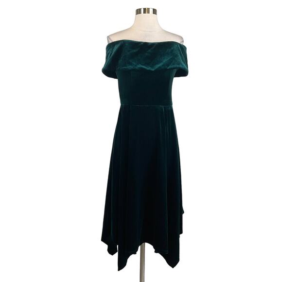 XSCAPE Women's Cocktail Dress Size 10 Green Velvet Off the Shoulder High Low Hem - Picture 1 of 12